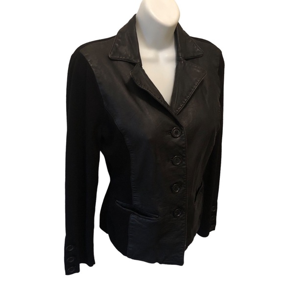 Anne Klein Leather Sweater S JACKET Button Up Black Ribbed Pockets Fall Winter - Picture 2 of 7